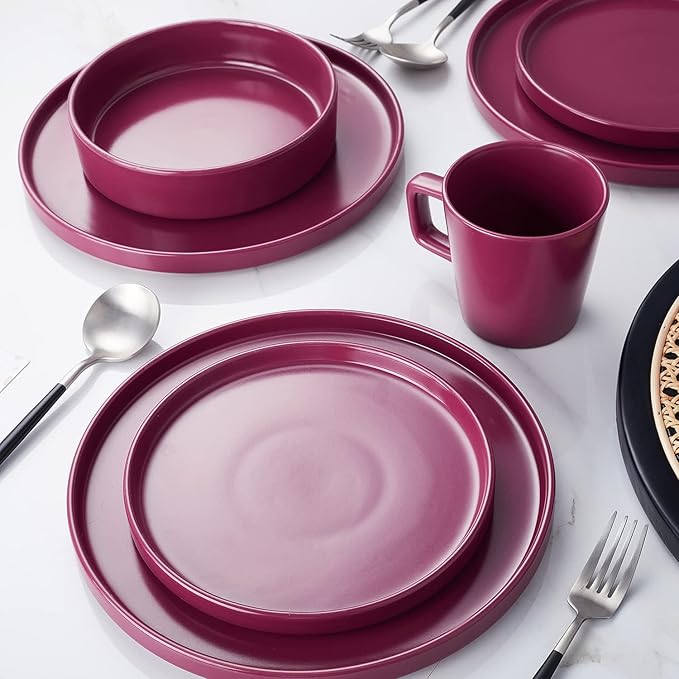 Stone Lain Cleo Modern Stoneware 16-Piece Dinnerware Set, Plates and Bowls Set, Dish Set Service For 4, Magenta
