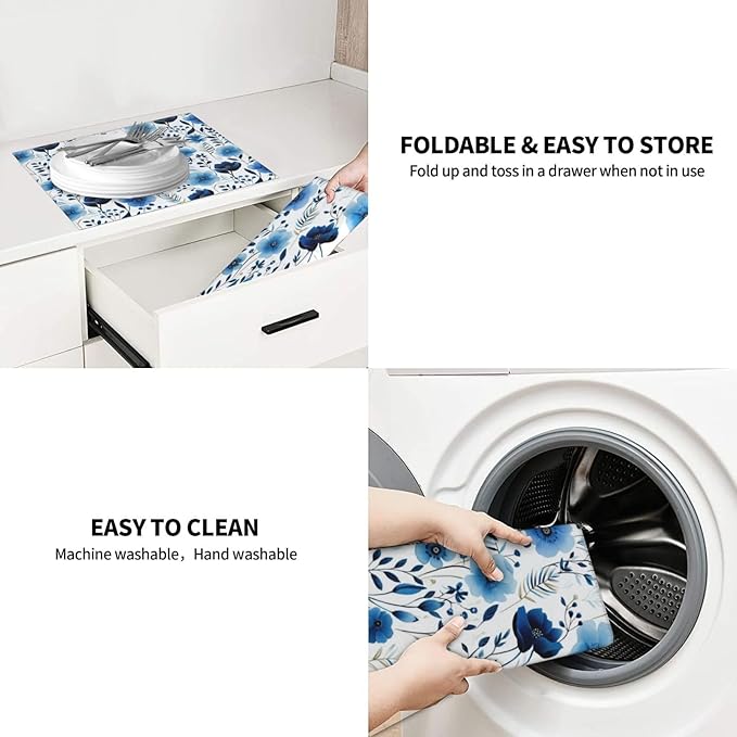 Blue White Floral Watercolor Dish Drying Mats, Absorbent Boho Blue Decorative Kitchen Counter Mat, 16" x 18", Polyester, Absorption, Foldable, for Kitchen Dishes Drainers, Small Appliances, Home Decor