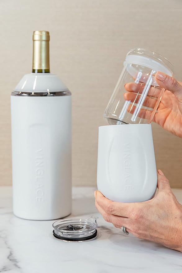 Vinglacé Stainless Steel Stemless Wine Glass- Insulated Wine Tumbler with Glass Insert and Sip Lid, 10 oz, White