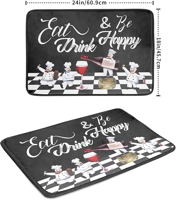 Bistro Fat Chef Dish Drying Mat 18x24 Anti Fatigue Wine Plump Italian Red Glass Drainer Mat Black White Chubby Pasta Cook Check Dishes Pad Buffalo Plaid Dish Drainer Rack Mats Kitchen Decor