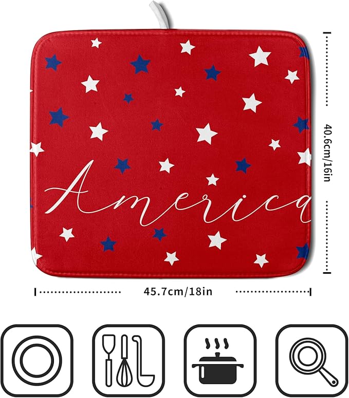 4th of July Dish Drying Mats for Kitchen Counter 16×18 Inch Patriotic Red Small Microfiber Drying Mat Kitchen Accessories Dish Rack Mat Drainer Pad Washable Absorbent
