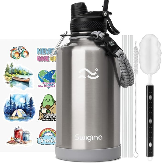 [2-IN-1 LID] 64 oz Insulated Water Bottle with Silicone Boot (48hrs Cold/24hrs Hot) - DIY Stickers, Leakproof, BPA Free, Half Gallon