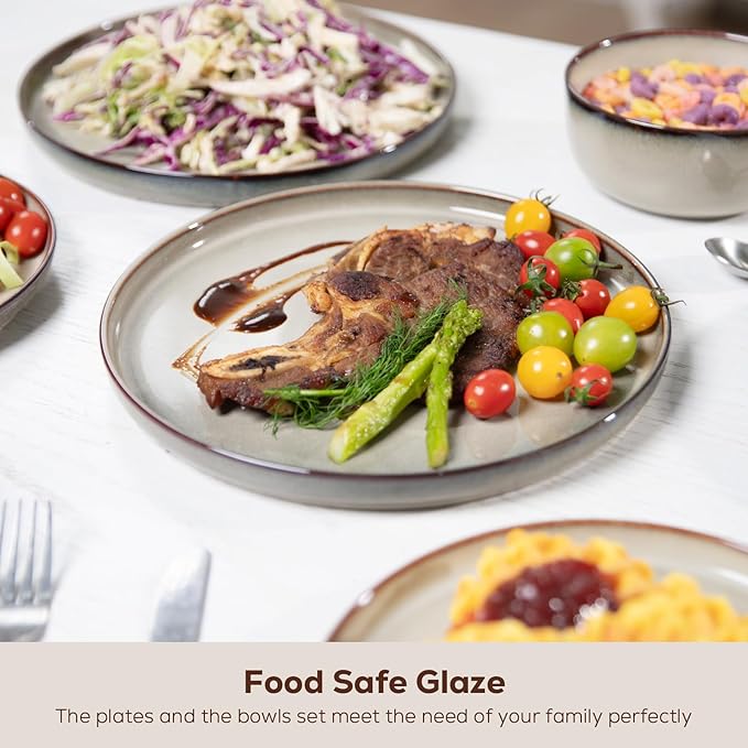 Romswi Dinnerware Set for 4, 16Pcs Stoneware Plates and Bowls Sets with Mugs, Chip & Scratch Resistant Dish Set, Handmade Reactive Glaze Plate Sets, Oven & Microwave and Dishwasher Safe,Wheat Green