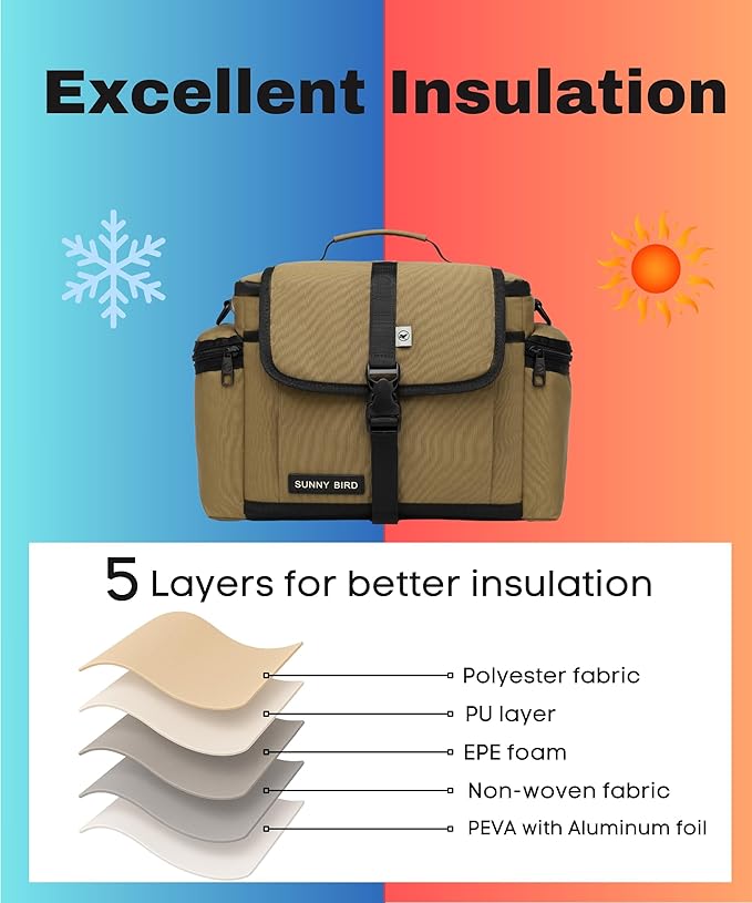 SUNNY BIRD Large Lunch Bag, Thermally Insulated Soft Cooler with Shoulder Strap for Women, Men (Bark Brown)
