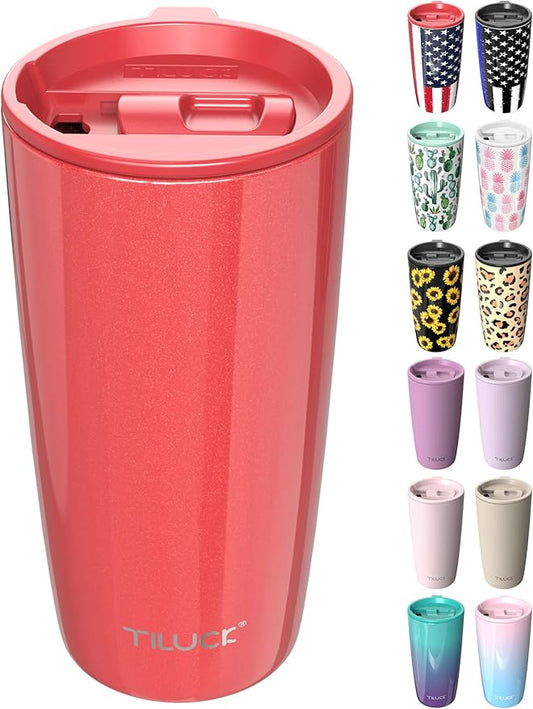 TILUCK 20 oz Tumbler with Leak-Proof Lid, Vacuum Insulated Stainless Steel Coffee Mug, Double-Walled Travel Tumbler for Hot and Cold Drinks(GlitterCoral, 20oz)