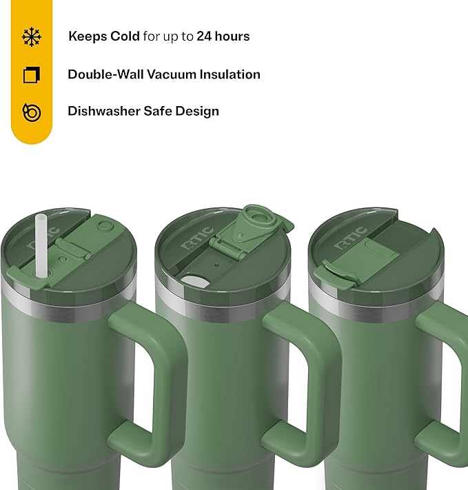 RTIC 30 oz Road Trip Tumbler Double-Walled Ceramic Lined InsulatedStainless Steel Portable Travel Coffee Mug Cup with Lid, Handle and Straw, Sage