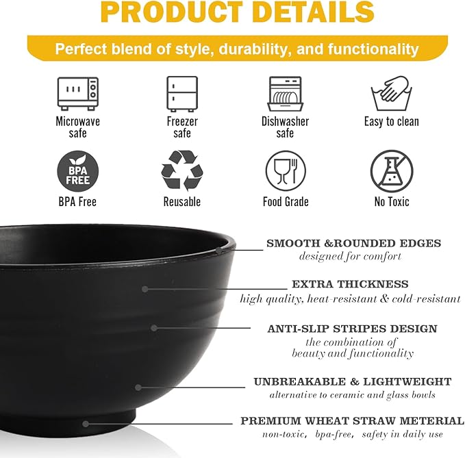 Wheat Straw Small Bowls Set of 6, Unbreakable 10 OZ Mini Dessert Bowls, Snack Bowl for Kitchen, Picnic, Microwave & Dishwasher Safe Bowl Set for Ice Cream, Fruits, Appetizer, Black