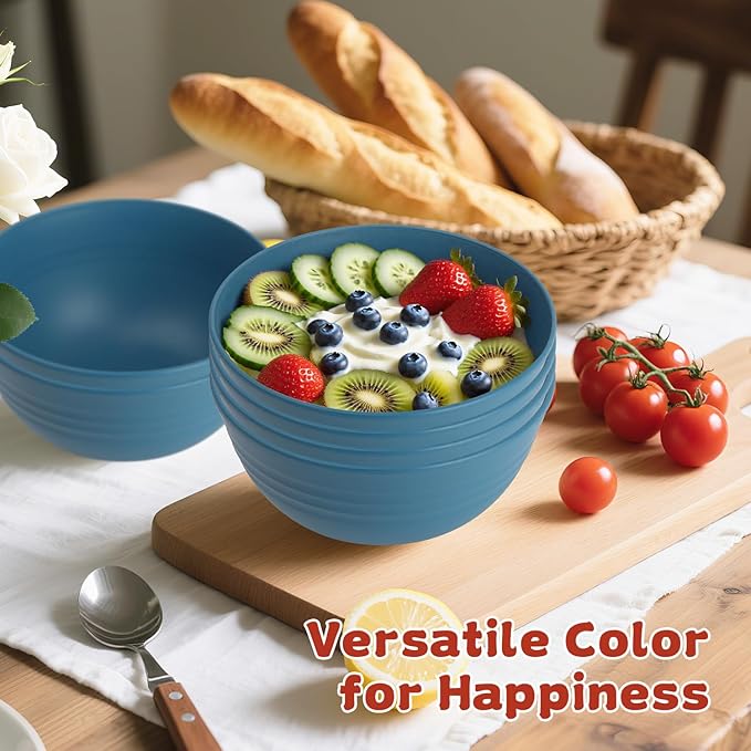 Wrova 6-piece Wheat Straw Bowls sets 26oz,Alternative Plastic Bowls Reusable for indoors and outdoors,Microwave-able and Dishwasher Safe Bowls Sets Easy to Clean.Blue Series