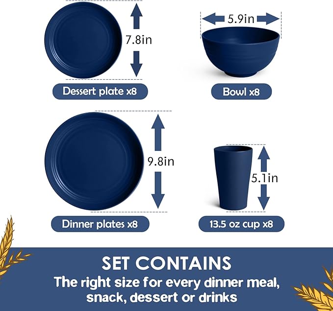 Teivio 32-Piece Kitchen Plastic Wheat Straw Dinnerware Set, Service for 8, Dinner Plates, Dessert Plate, Cereal Bowls, Cups, Unbreakable Colorful Plastic Outdoor Camping Dishes, Midnight Blue