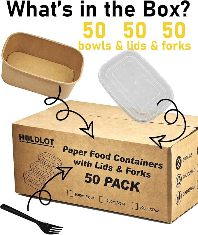 25OZ Paper Food Containers [with Lids & Forks] Disposable Meal Prep Containers 50 Pack Rectangle Take Out Box for Salad, Hot/Cold Food, Treat Serving Bowls for To Go Food, Office Lunch, Picnic, Party