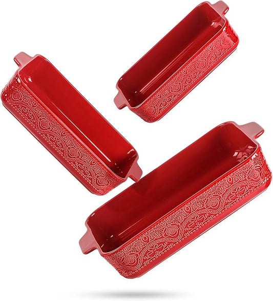 Ceramic Baking Dish Set of 3, Casserole Dishes for Oven, Ideal for Baking, Stewing, Roasting, and Holiday Feasts. The Gift for Mother's Day, Thanksgiving, Christmas, or Housewarming(Christmas Red）