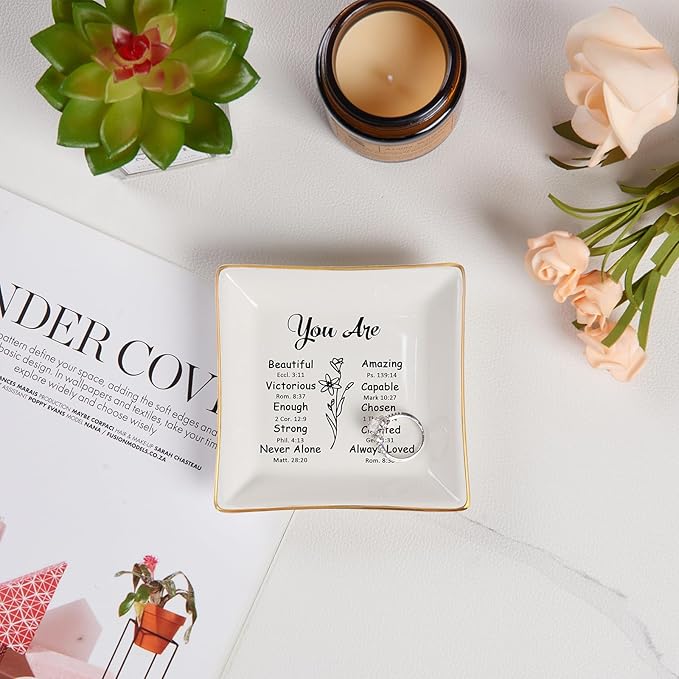 Christian Gifts for Women Trinket Dish Tray Jewelry Plate, Faith Religious Spiritual Gifts Bible Verse Gifts for Christian Teen Girls Birthday Christmas Inspirational Gift