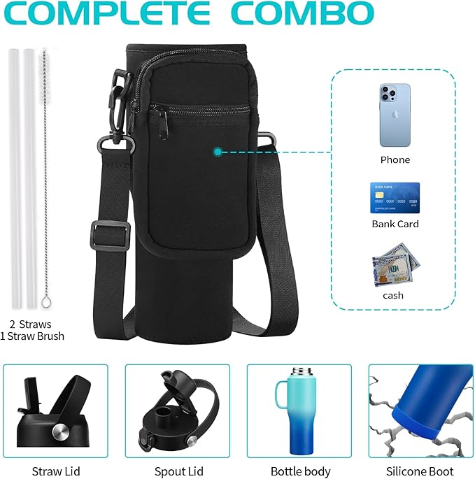 32oz Insulated Water Bottle - with Straw & Spout Lid, Strap Carrier Bag, Cold-48H & Hot-24H, Stainless Steel Travel Tumblers with Handle, Reusable Slim Water Bottle that Fits in Cup Holder