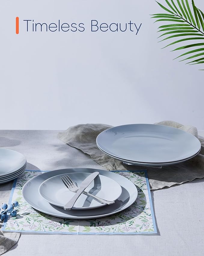 10.5 inch Dinner Plate Set of 6, Lightweight Round Opal Glass Grey Dinnerware Plates, Dishwasher and Microwave Safe