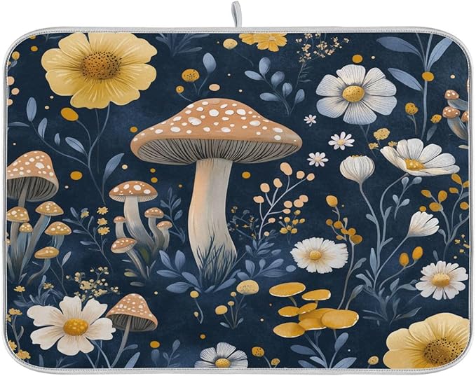 Wildflowers and Mushrooms Dish Drying Mat for Kitchen Counter Super Absorbent Dishes Pad Reversible Microfiber Protector Dish Draining Mats 18x24 inch