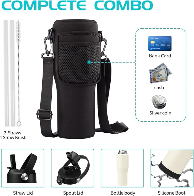 32/40 OZ Water Bottle with Carrying Case, Stainless Steel Insulated Bottle with Lid and Straw, Double Wall Vacuum Thermal Cup Fit in Car Cup Holder for Travel Drive