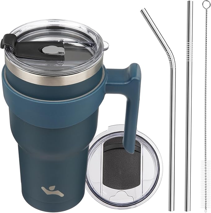 30 oz Tumbler with Handle and 2 Straw 2 Lid, Insulated Water Bottle Stainless Steel Vacuum Cup Reusable Travel Mug, Navy Blue
