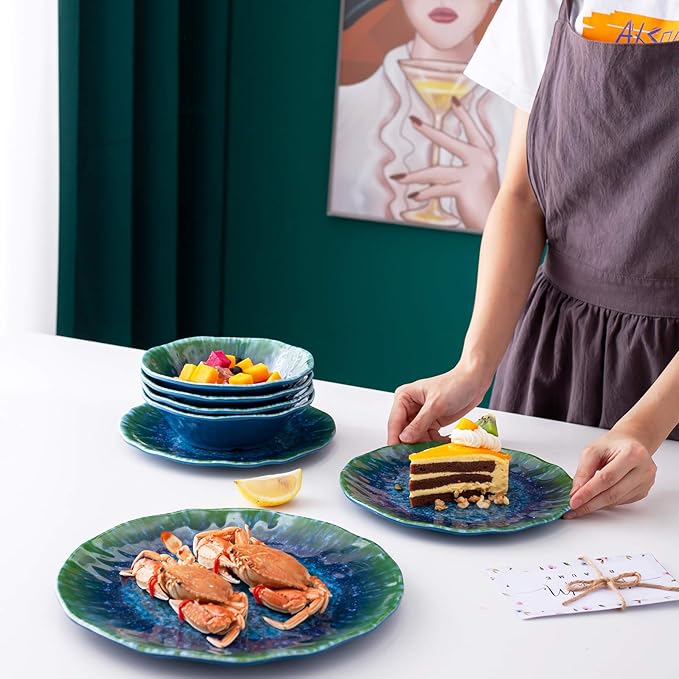 Melamine Dinnerware Set 12 PCS Teal Turquoise Tableware Plates Bowls Blue Green Dishwasher Safe Not Microware Not Oven