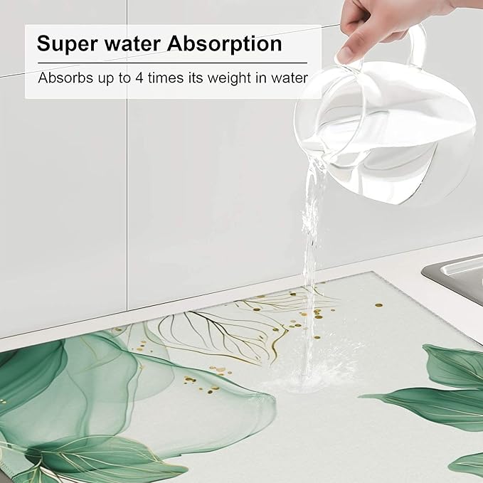 Watercolor Green Palm Leaves Dish Drying Mat 16x18 Inch, Microfiber Absorbent Fast Dry Mat Large Dish Mat Drying Kitchen Mat, Kitchen Drying Pad for Kitchen Counter Coffee Bar Decor Gifts