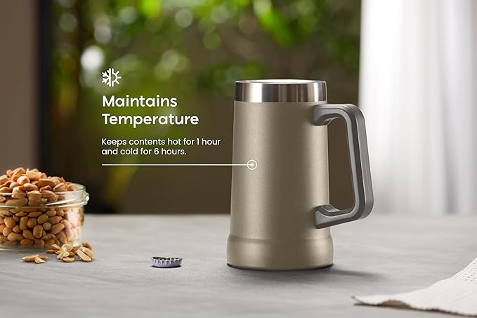KooK Beer Stein, Stainless Steel Coffee Mug, Tumbler with Thermal Vacuum Insulation, Double Walled Drinking Cup, Large Handle, Shatterproof, Taupe, 23.7 oz
