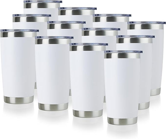 DOMICARE 20oz Stainless Steel Tumbler Bulk with Lid, Double Wall Vacuum Insulated Travel Mug, Powder Coated Coffee Cup, Powder White, 12 Pack