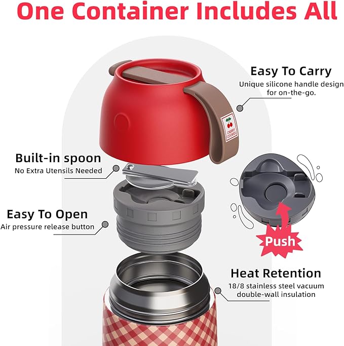 Thermo for Hot Food for Adults Kids | Wide Mouth, 18 oz Insulated Food Jar with Spoon, Leakproof Soup Thermo for School Office Travel, Thermal Steel Lunch Container Easy to Carry (Red)