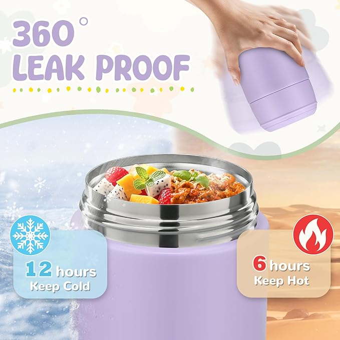 10oz Soup Thermo for Hot Food Kids Insulated Food Jar with Spoon Wide Mouth Stainless Steel Lunch Container Leak Proof Vacuum Food Box for School Travel Picnic Purple