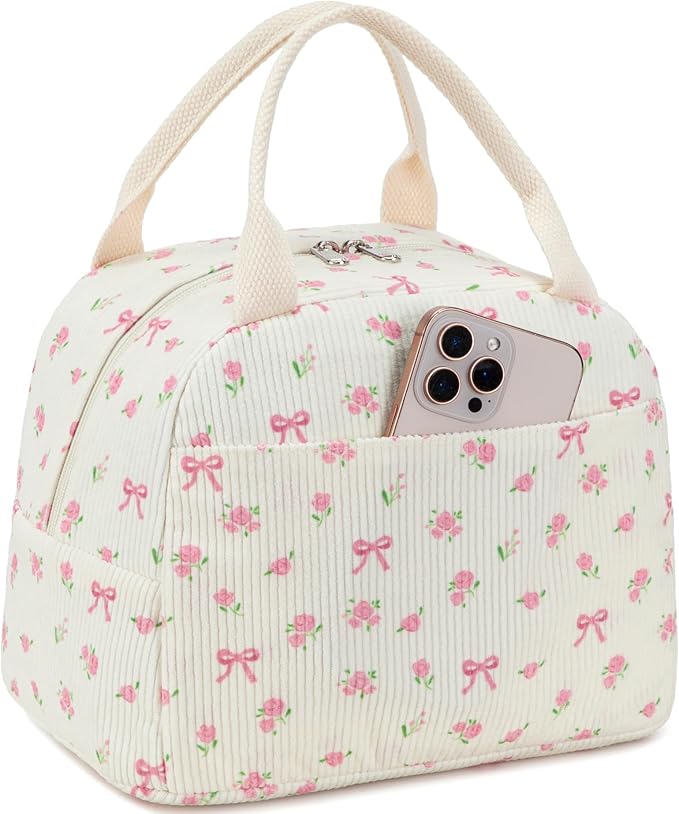BTOOP Lunch Box for Women Men Cute Corduroy Lunch Bags Large Capacity Insulated Lunch Tote Bag For Work Travel Or Picnic (Pink Bow Floral)
