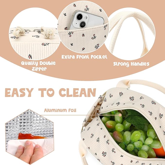 Bluboon Lunch Bag for Women Men Cute Corduroy Lunch Tote Bags Reusable Insulated Lunch Box Large Capacity Reusable Insulated Cooler for Work Picnic or Travel