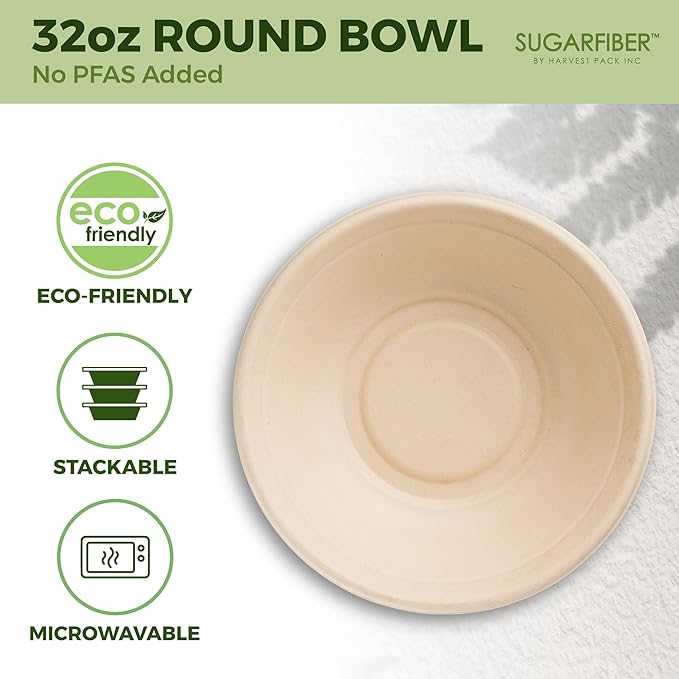[500 COUNT]Harvest Pack PFAS FREE 32oz Compostable Round Paper Bowls with Dome Lids - Heavy-Duty Eco-Friendly Disposable Bagasse Salad Bowl Sugarcane made plant fibers for Meal Prep