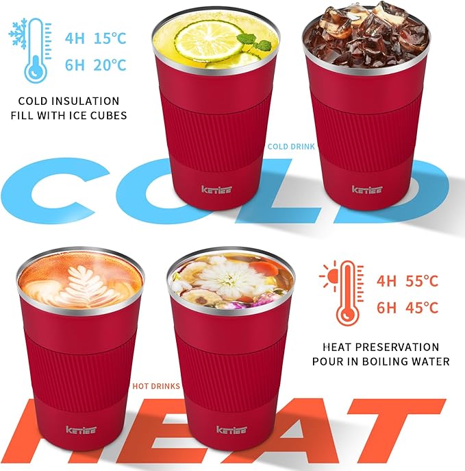 KETIEE Travel Coffee Mug Spill Proof 12oz, Insulated Travel Mug to Go, Reusable Coffee Cup with Seal Lid, Vacuum Stainless Steel Tumbler for Hot/Cold Drinks (Red)