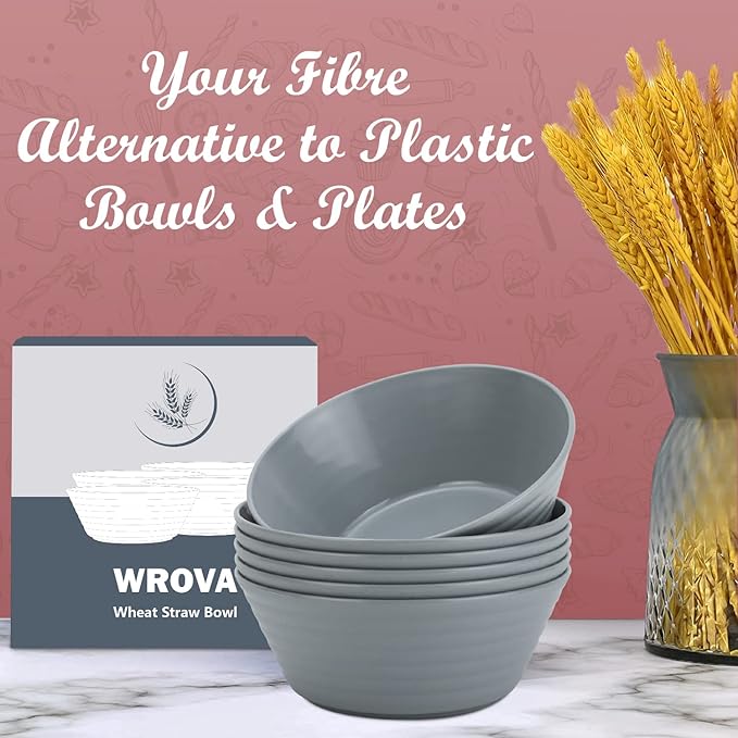 Wrova Wheat Straw Bowl Sets,6 PCS Unbreakable Cereal Bowl 36 OZ,Microwave and Dishwasher Safe Bowls,Dorm Bowl Sets BPA Free for Serving Cereal,Oatmeal and Salad (Grey)