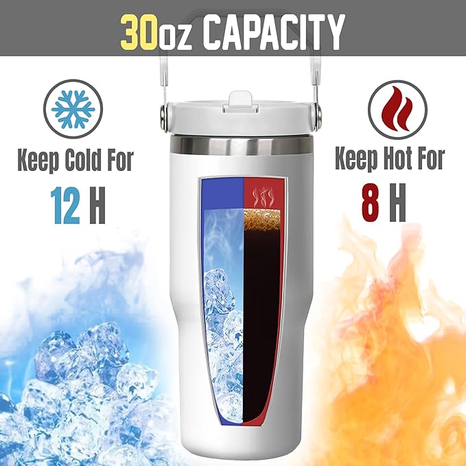 30oz Floral Tumbler – Blue and White Stainless Steel Insulated Travel Mug – Elegant Coffee Cup with Handle Lid – Gift for Women, Mom, Friends, Teachers