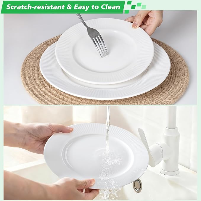 16 Piece Porcelain Dinnerware Sets for 4, White Plates and Bowls Sets with Mugs, Dishwasher and Microwave Safe - Embossed Stripe Decro, Elegant Kitchen Dish Sets, QOMO-1996