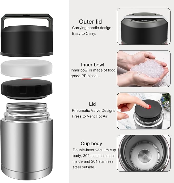 28oz Soup Thermos, Stainless Steel Thermos for Hot Food, Wide Mouth Food Thermos Jar, Insulated Lunch Container Leak Proof Vacuum Thermal Flask (silver)