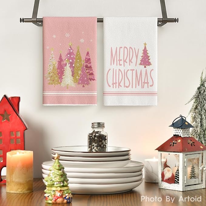 Artoid Mode Pink Xmas Tree Merry Christmas Kitchen Towels Dish Towels, 18x26 Inch Farmhouse Star Holiday Winter Decoration Hand Towels Set of 2