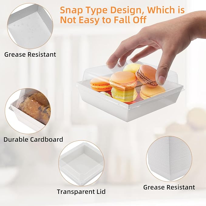 100 Pack Small Paper Charcuterie Boxes with Clear Lids, Modern Minimalist Square Dessert Boxes for Food Containers, 5.32" L * 4.92" W 2.56" H