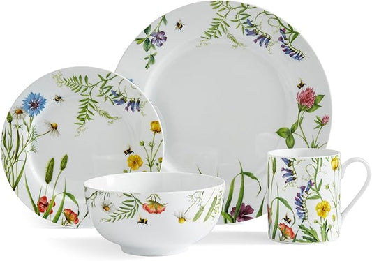 Portmeirion Home Bumble Bee 16 Piece Set - Colorful Wildflower & Bee Pattern, Porcelain Plates, Bowls & Mugs for Breakfast, Lunch or Dinner, Great for Spring Gatherings - Microwave, Dishwasher Safe