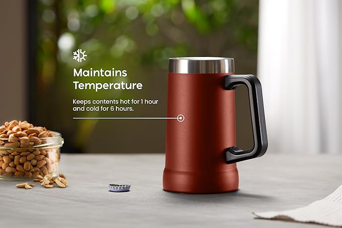 KooK Beer Stein, Stainless Steel Coffee Mug, Tumbler with Thermal Vacuum Insulation, Double Walled Drinking Cup, Large Handle, Shatterproof, Dark Terracotta, 23.7 oz