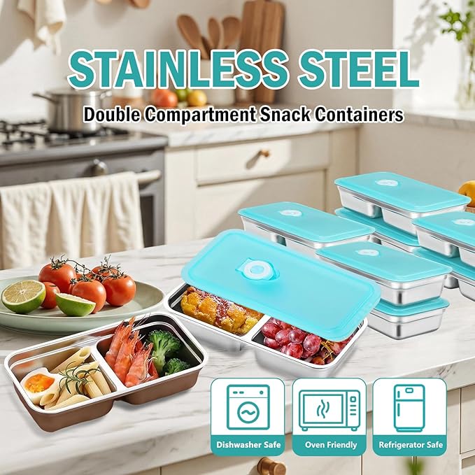 Reusable Stainless Steel Snack Containers with Lids,Double Compartment 2 Condiment,Grab and Go Divided Snack Food Storage Containers for Kids Adults, Sauce Cups for School, Trave (3)