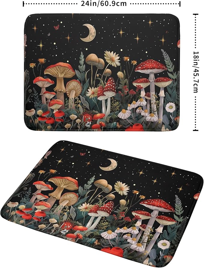 Black Mushroom Dish Drying Mat for Kitchen Counter Leaves Botanical Microfiber Dish Rack Mat Drainer Pad Washable Absorbent Dry Mat 18×24 Inch