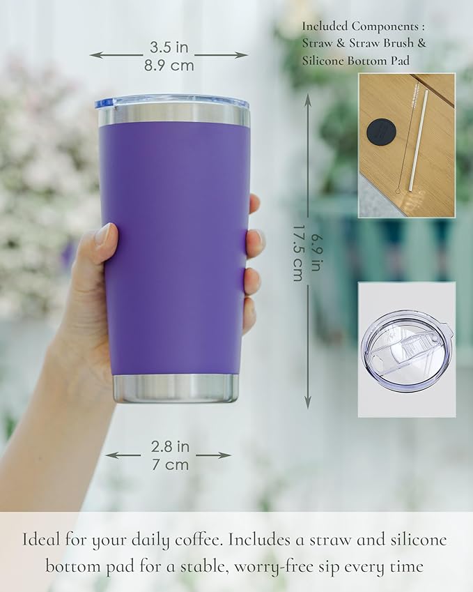Travel Coffee Tumbler 20oz, 1 Pack Leakproof Travel Coffee Mug with Lid and Straw, Stainless Steel Double Wall Vacuum Insulated Tumbler for Hot/Iced Drinks (Textured Matte, Purple)