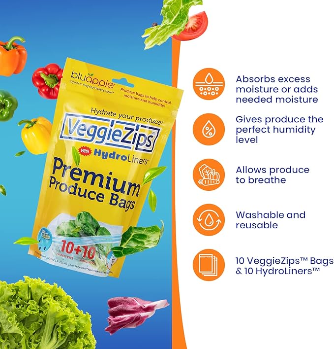 Bluapple VeggieZips Premium Produce Storage System - 20 Piece Set, 10 Food Saver Bags + 10 HydroLiners, Keep Produce Fresh Longer, Washable & Reusable Bags with Humidity Control for Fruit & Vegetables
