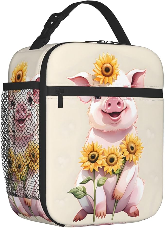Reusable Cute Pig Lunch Box for Kids, Insulated Sunflower Cream Bag,Polyester Cooler Animal Lovers Handbags Case for School Picnic Work Travel Beach or Hiking, Gifts