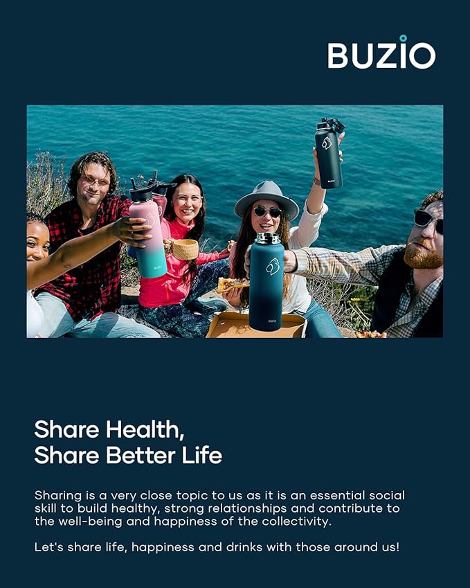 BUZIO 40 oz Water Bottle Insulated with Straw & 3 lid and Carrying Pouch, Leak Proof Anti-Slip Stainless Steel Water Flask Jug, Cold for 48 Hrs Double Vacuum Thermo Canteen, BPA-Free, Dark Blue