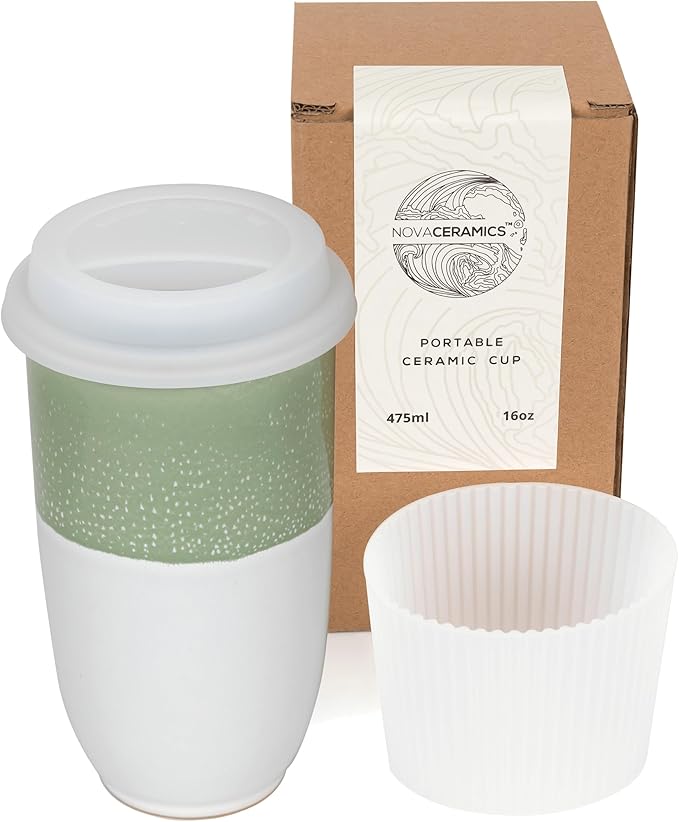Travel Mug - Tea Tumbler– Microwave & Dishwasher Safe Coffee Mug Green & White Tumbler - Gifts For Women Men Him Her – 16oz – Sage Green