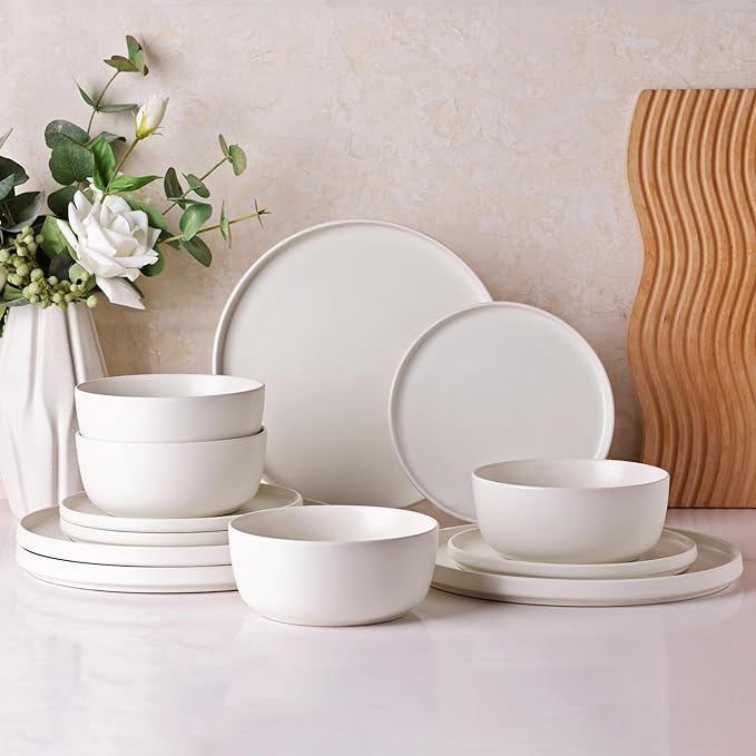 AmorArc Stoneware Dinnerware Sets for 4,Reactive Ceramic Plates and Bowls Set,Highly Chip and Crack Resistant | Dishwasher & Microwave Safe | Round Dishes Set Service for 4 (12pc)