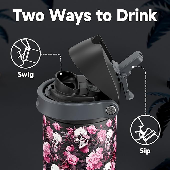 24 oz Insulated Water Bottle for Halloween: Meoky Stainless Steel Water Bottle with Straw and Spout Lid - Leak Proof, Cold for 24 Hours, Fits in Car Cup Holder, Halloween Gifts for Adults, Haunt Bloom