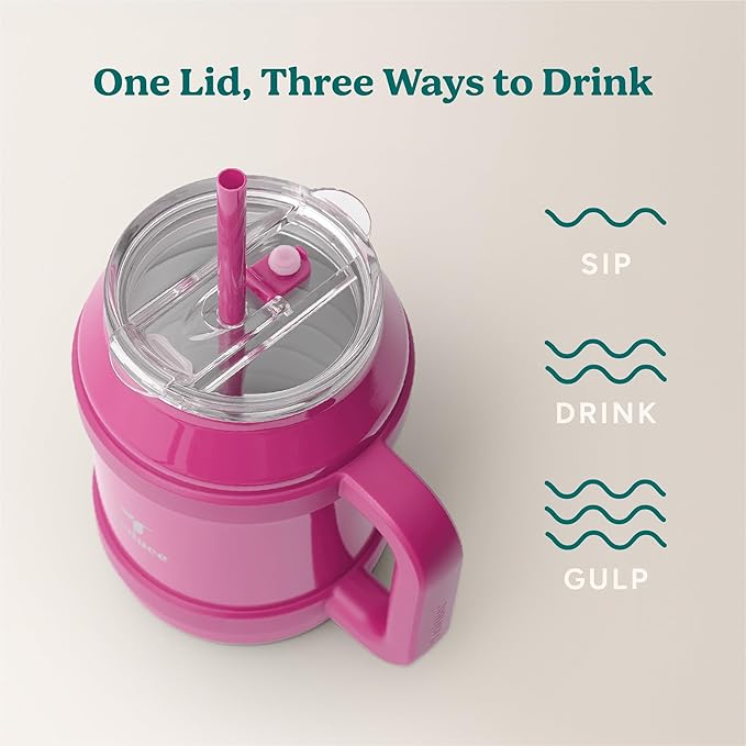 REDUCE Reusable 50 oz Cold1 Water Tumbler – Ergonomic Handle – Double-Wall Insulation – Sturdy Desktop/Tabletop Mug with Lid and Straw – BPA-Free – Stainless Steel for Gym, Home, or Office– Sangria