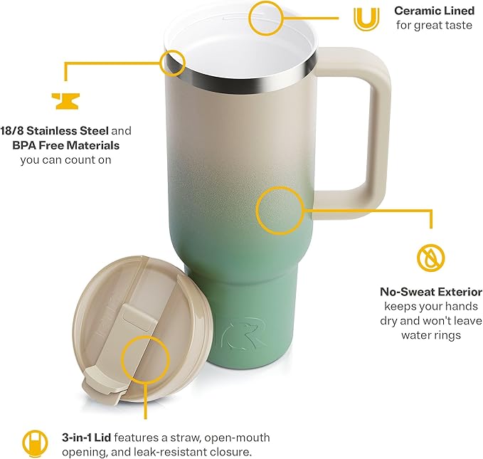 RTIC 40 oz Road Trip Tumbler Double-Walled Cermaic Lined Insulated Stainless Steel Portable Travel Coffee Mug Cup with Lid, Handle and Straw, Sage Ombre